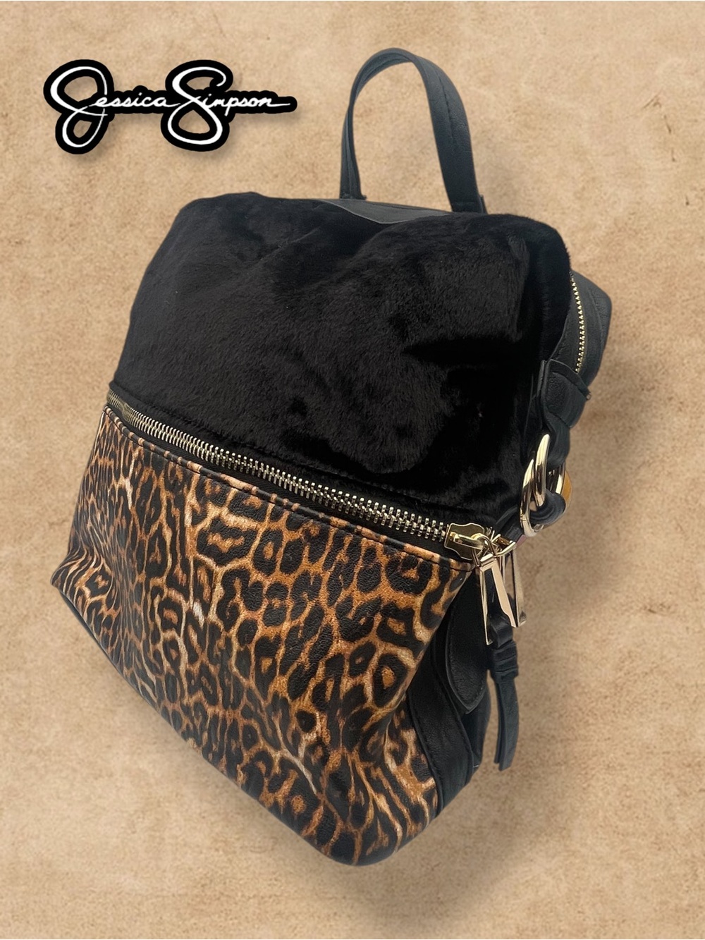 Jessica Simpson Faux Fur Black & Leopard Print Backpack Purse